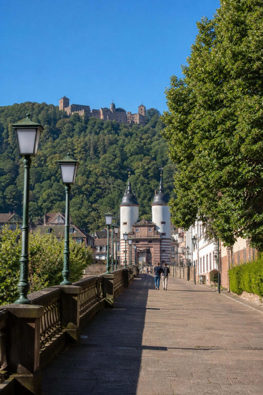 Sunčana šetnica s kamenom ogradom prema starim gradskim vratima s dvije kule