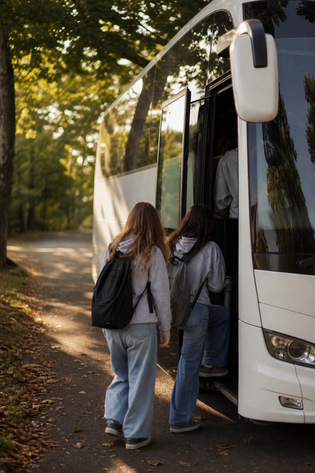 Učenici s ruksacima ulaze u bijeli turistički autobus na drvoredu u toploj svjetlosti